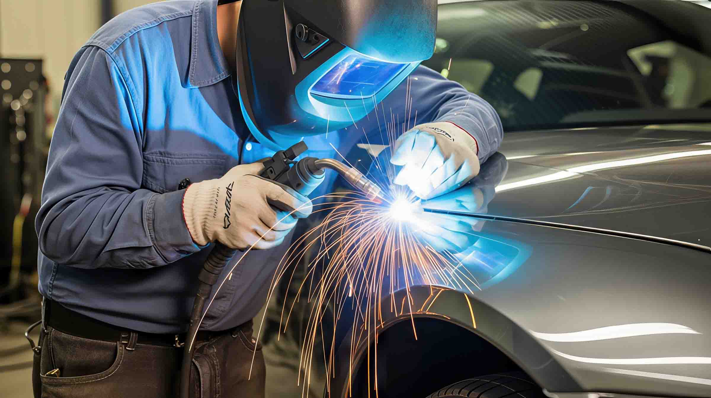 Technician wearing welding hood and gloves welding silver fender – auto body shop – jim’s auto body Technician wearing welding hood and gloves welding silver fender - auto body shop - jim's auto body